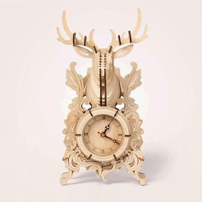 China DIY TOY Home Decoration Laser Cut Classic Deer Shapes Puzzle DIY 3D Desktop Wooden Clock for Adults for Kids for sale