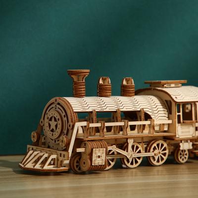 China DIY TOY QIMAN factory train 3d model locomotive wooden puzzle toys for adults and children DIY wooden train 3d puzzle for sale