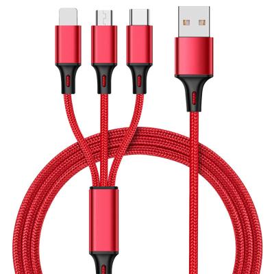 China Custom Quick Charging 3 In One Multi Nylon Phone Charger Cable Braided Universal 3 In 1 Charging Cord With USB C, Micro USB For iPhone Adapter for sale