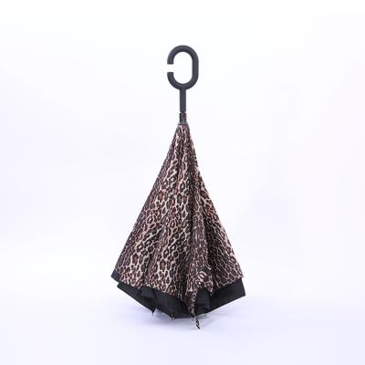 China Leopard Print Double Layer Manual Open Compact Reverse Folding Inverted Umbrella With C Shaped Handle for sale