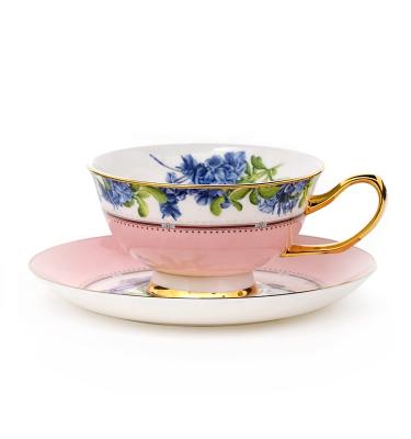 China Sustainable Blue Porcelain Decal Floral Design Luxury Coffee Tea Cups And Saucer Cups With Colored Rim for sale