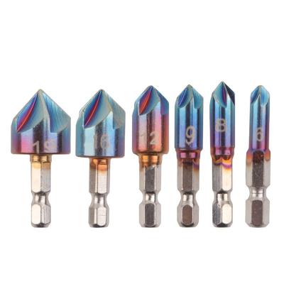 China Other 6Pcs Five-Blade Chamfer Drill Bit Set 1/4 Inch Hex Shank HSS Titanium 5 Flute Countersink Woodworking Hand Tools Chamfering 6mm-19mm for sale