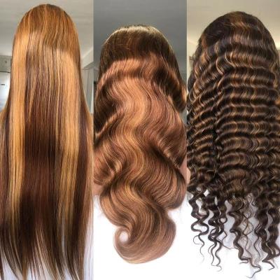 China Body Wave Highlight Ombre Lace Front Wig Human Hair Pre Plucked 13x4 HD 4/27 Honey Blonde Lace Frontal Wigs Transparent With Baby Hair for sale