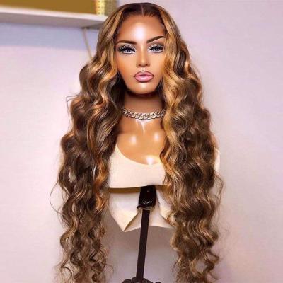 China 40 Inch Highlight Blonde HD Lace Front Wig Preplucked Transparent Body Wave Bleach Knots Virgin Wigs Lace Frontal Wig Honey Brown Ombre for sale