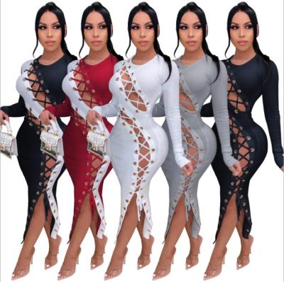 China Good Stretch Anti-Static Knit Long Sleeve Bodycon Bandage Dress Hollow Lace Up Cut Out Bandage Dress Ladies 2021 Bandage Dress Night Party for sale