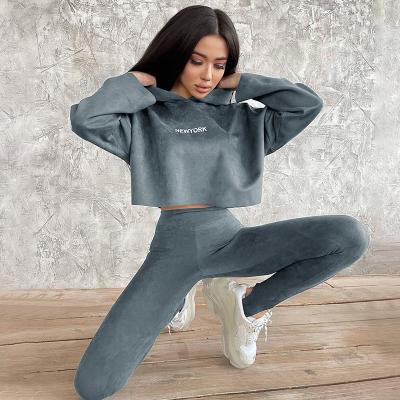 China Anti-Wrinkle Autumn Velvet Tracksuit Women Two Piece Casual Letter Printed Hoodie Long Sleeve Velvet Two Piece Jogging Set Tracksuit For Women for sale