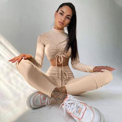 China Anti-wrinkle New Arrivals Yoga Fitness Fall Set Woman Casual Yarn Pleated Long Sleeve 2 Piece Set Women Sport Wear Women Two Piece Set for sale