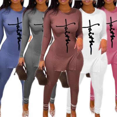 China Anti-Wrinkle Women Clothing 2 Piece Set Knitted Stretch Faith Printed Solid Woman Clothing Sets Casual Two Piece Outfits Women Two Piece Set for sale