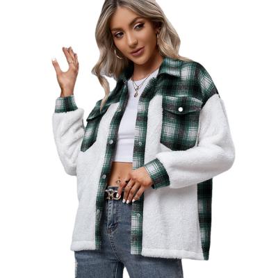 China Spring Autumn Sleeve Anti-pilling Sherpa Plaid Pocket Jacket Quilted Button-Up Shirts Coats Blouse Cardigans Long for sale