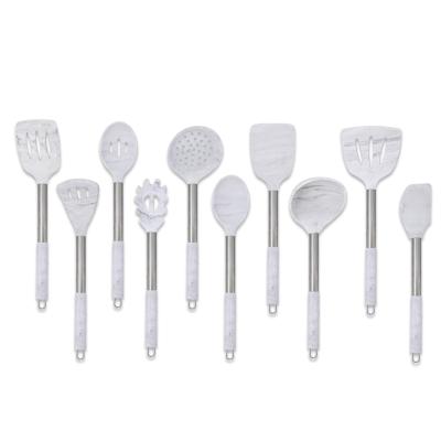 China Sustainable New Design Heat Resistant 10pcs Marble Silicone Kitchen Utensil Set With Stainless Steel Handle for sale