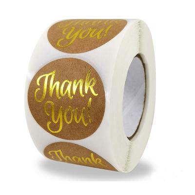 China Waterproof Custom Self Adhesive Shopping Wedding Round Roll Up 500 Gold Label Thank You Sticker for sale