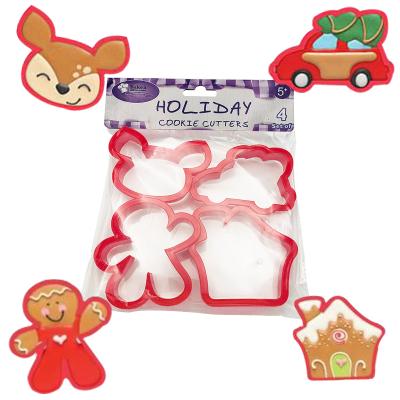 China 4 PCS Christmas Reindeer Gingerbread Man House Plastic Viable Car Shaped Cookie Cutters Set With Cookie Fondant Molds Cutters for sale