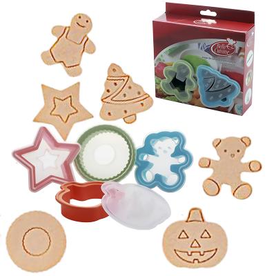 China Viable Plastic Plunger Punch Press Template Cookie Cookie Cake Christmas Mold Tools and Cookie Baking Cutter with Stencil Set for sale