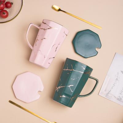 China Stylish Sustainable Geometric Marble With A Lid Luxury Marble Pattern Ceramic Mug Matte Gold Coffee Mug for sale