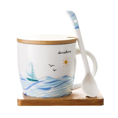 China Viable Direct High Temperature Ceramic Cup Case Nordic Creative Porcelain Mug With Bamboo Lid And Spoon Wholesalers for sale