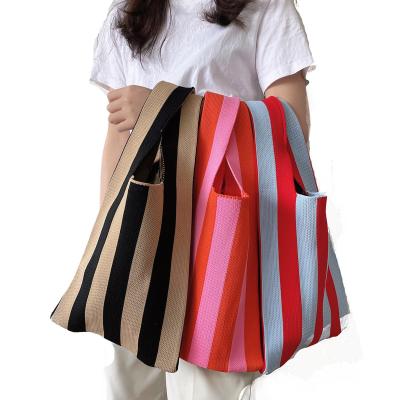 China Durable Women's Fashion Autumn Winter Striped Checkerboard Small Knitted Shopping Bags Tote Handbags Bag for sale