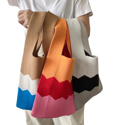 China New Arrival Designer Beach Women Knitted Shopping Bag Durable Cotton Plaid Bag Multicolor Large Capacity Handbag Canvas Shoulder Bag for sale