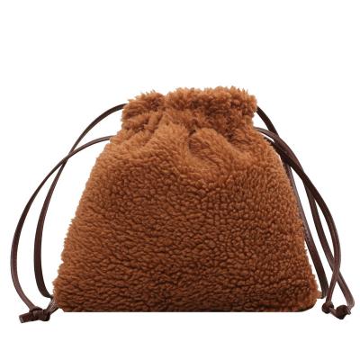 China New Reusable Drawstring Plush Bucket Bags Ladies Shoulder Fur Purse Women Handbag 2022 Winter Purses for sale