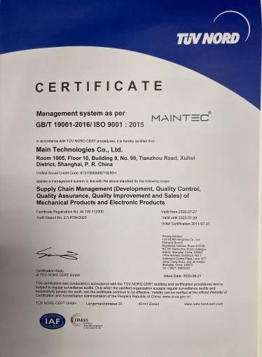 ISO9001 - Main Technologies Co., Ltd.