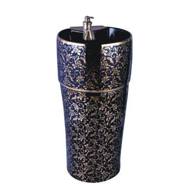 China Wash Basin Luxury Royal Luxury Sanitary Ware Designer Black Gold Ceramic Pedestal Sink for sale