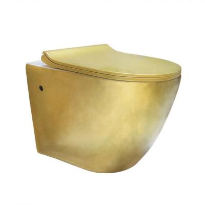 China Double-flow Style Royal Ceramic Gold Toilet Luxury Toilet Decorate Wall Hung Gold Color Toilet for sale