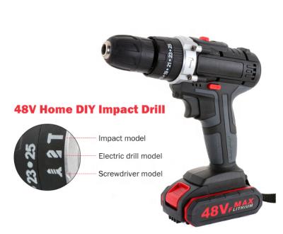 China 48v Portable Electric Cordless Gearbox Concrete Variable Speed ​​Metal Hand Drill Machine Impact Woodworking Twin Chargeable Cordless Drill for sale