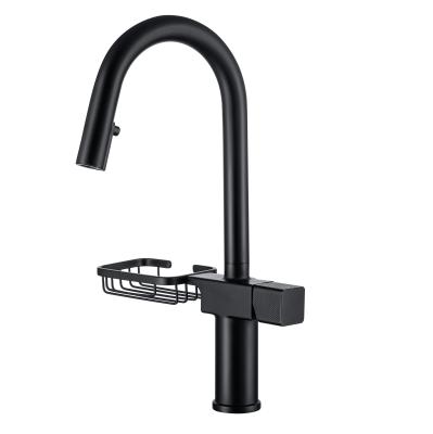 China Modern Matte Black Kitchen Faucet Taps With Pull Down Sprayer Side Sope Basket for sale