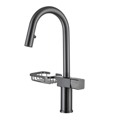 China Modern Gray Kitchen Faucet Taps With Pull Down Sprayer Side Sope Basket for sale