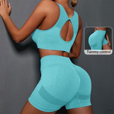 China Breathable 2 Piece Women Sports Bra And Shorts Gym Fitness Set Running Athletic Butt Lift Belly Control Seamless Yoga Sets for sale