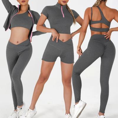 China Breathable 5 Piece Women Sweat Suits Leggings One Shoulder High V Neck Waist Yoga Shorts Adjustable Bra Workout Seamless Sets For Women for sale