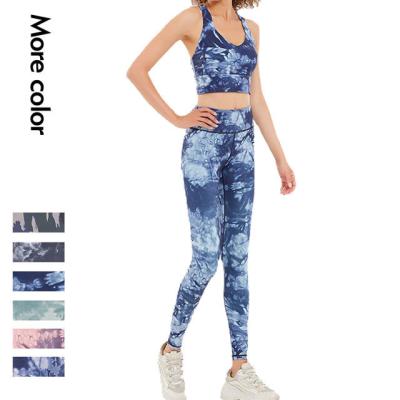 China Breathable 2 Piece Women Sets Sportswear Fitness Yoga Wear Custom Tie Dye Printed Seamless Sublimation Sports Bra Leggings Yoga Sets for sale