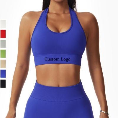 China Custom Made Breathable Hot Selling Logo Ribbed Solid Color Sexy Women Fashion Exercise Yoga Backless Halter Sports Bra for sale