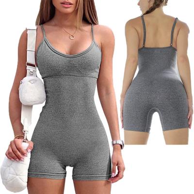 China Custom QUICK DRY Logo Workout Seamless Lady Sports Ribbed Backless Sleeveless One-Piece Fitness Jumpsuit Short Women Overalls Rompers for sale