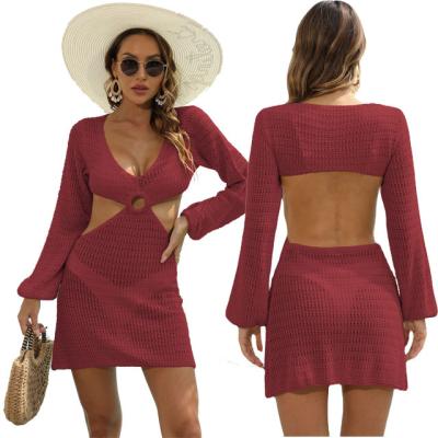 China One Piece Windproof Women Crochet Hollow Out Backless V-Neck Backless Knitted Dress Beach Cover Up Swimwear Beachwear Long for sale