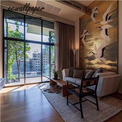 China Crane Wallpaper Hand Painted Traditional High Quality Wallpaper on Metallic Gold for sale