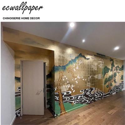 China River Traditional Bamboo Wallpaper Hand Painted Wallpaper on Metallic Antiqued Gold for sale