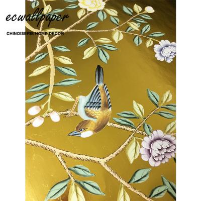 China Traditional Chinoiserie Wallpaper Hand Painted Wallpaper on Metallic Gold - Accept Custom Size for sale