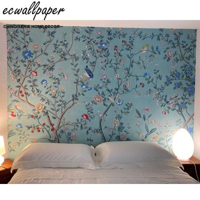 China Traditional Chinoiserie Good Quality Wallpaper Hand Painted Wallpaper On Blue Tea Paper for sale