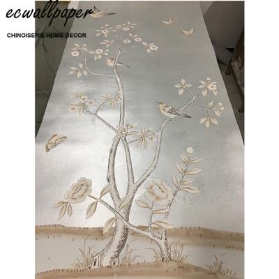 China Traditional hand painted artwork, Chinoiserie hand painted wallpaper on silver metallic for sale