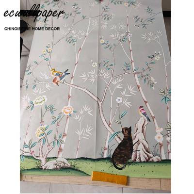 China Traditional Chinoiserie Bamboo Wallpaper Hand Painted Wallpaper on Silver Metallic for sale