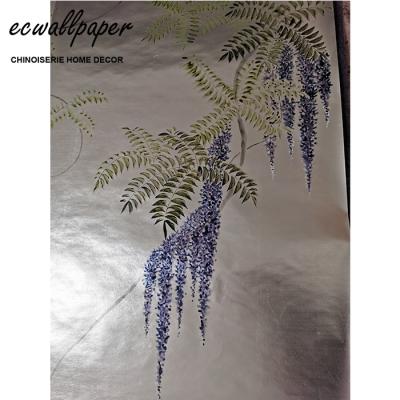 China Hand painted wisteria traditional wallpaper wallpaper on silver metallic - accept custom size for sale