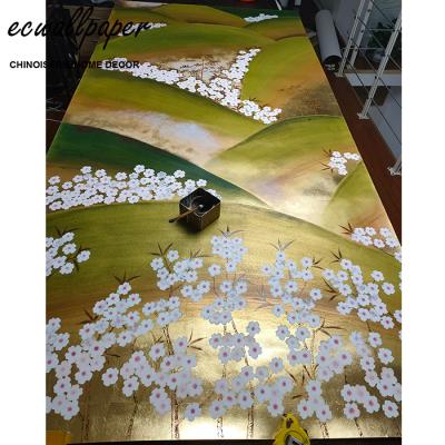 China Traditional Chinoiserie Hand Painted Wallpaper on Metallic Gold, Hand Painted Wallcovering for Office Wall for sale