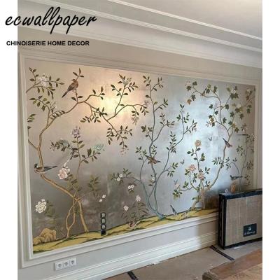 China Traditional Chinoiserie Silver Metallic Hand Painted Wallpaper Luxury Wallpaper Mural for sale