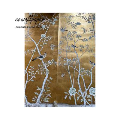 China Traditional top selling decorative materials hand painted wallpaper on metallic gold for sale