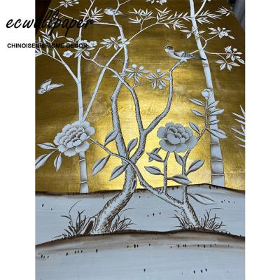 China Newest Hot Selling Traditional Chinoiserie Panel Hand Painted Wallpaper On Metallic Antiqued Gold for sale