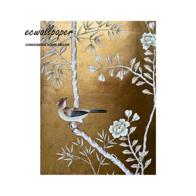 China 2022 Products Innovative Traditional Chinoiserie Panel Hand Painted Wallpaper On Metallic Antiqued Gold for sale