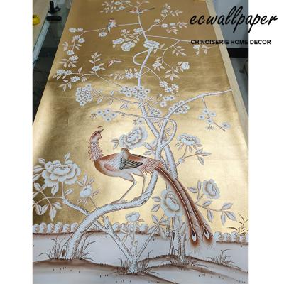 China Cheap and high quality Chinoiserie traditional panel hand painted wallpaper on metallic gold for sale