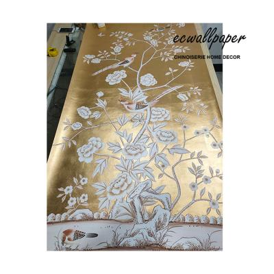 China Finest Chinoiserie Traditional Panel Price Hand Painted Wallpaper on Metallic Gold for sale