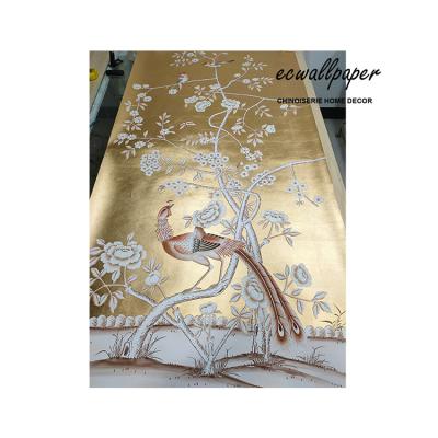 China Traditional Chinoiserie High Quality Panel Hand Painted Wallpaper on Metallic Gold for sale