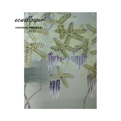 China China hand painted wallpaper of quality traditional wisteria on silver metallic for sale